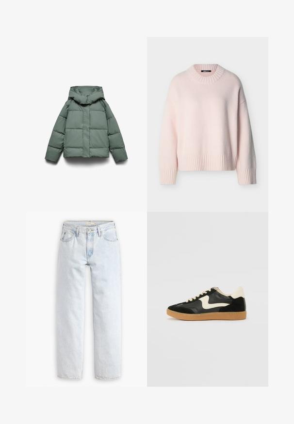 Grøn dunjakke med en bred hætte, kendetegnet ved en boxy form, quiltet tekstur og en lynlåslukning foran. Ingen synligt metal eller mønstre.; Blød, lyserød strikket sweater med lange ærmer, ribbet rund halsudskæring, manchetter og kant, vist på en ensfarvet baggrund.; Lyseblå, lige ben denim jeans med høj talje, der har fem lommer, en frontknaplukning og synlige syninger.; Sorte ruskinds- og lædersneakers med en cremefarvet side-swoosh og lys cremefarvet hæl. Har beige snørebånd og en gummirubber-sål.