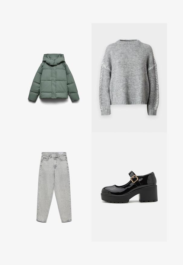 Groene pufferjas met een brede capuchon, met een vierkante vorm, gewatteerde textuur en een ritssluiting aan de voorkant. Geen zichtbare hardware of patronen.; JDY Knitted JDYZOEY Knitted - Trui - light grey melange; Lichtgrijze jeans met hoge taille en rechte pijpen, voorzakken, riemlussen en een ritssluiting.; Zwarte lakleren Mary Jane-schoenen met een dikke, gestructureerde plateauhak en een decoratieve metalen gesp op de band.