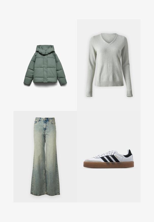 Grøn dunjakke med en bred hætte, kendetegnet ved en boxy form, quiltet tekstur og en lynlåslukning foran. Ingen synligt metal eller mønstre.; Lysegrå V-hals sweater med lange ærmer, ribbede manchetter og kant. Fremstillet af blødt, struktureret materiale med en glat overflade.; Lyseblå vide jeans lavet af denim, med høj talje, bleget vask og sidelommer med synlige stikninger.; Hvide lædersneakers med sorte striber, gummirubber sål, rund tå, snørelukning og blød grå ruskinds tåhætte.