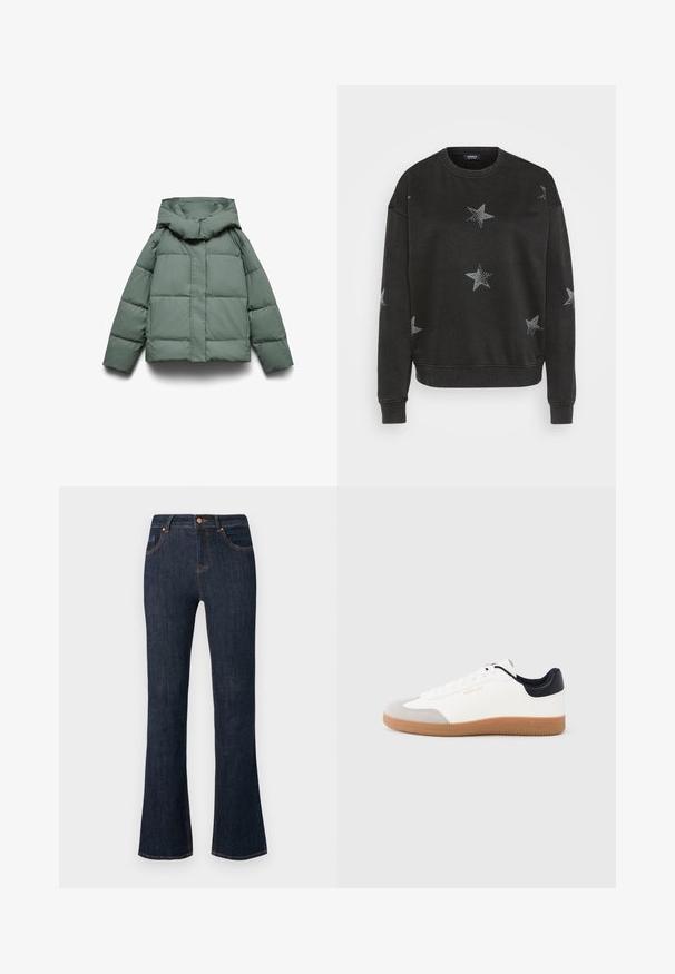 Groene pufferjas met een brede capuchon, met een vierkante vorm, gewatteerde textuur en een ritssluiting aan de voorkant. Geen zichtbare hardware of patronen.; Zwarte sweatshirt met zilveren sterpatronen, ronde halslijn en ribgebreide manchetten. Gemaakt van zacht textiel met een ontspannen pasvorm.; Donkerblauwe high-waist spijkerbroek met voorzakken, knoopsluiting en licht uitlopende pijpen, weergegeven tegen een effen achtergrond.; Witte sneaker met grijze suède neuskap en zwarte hielaccenten. Heeft een rubberen gumzool en platte witte veters. "REPLAY" logo in goud.