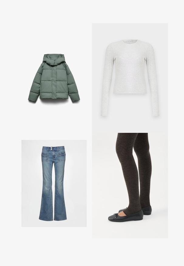 Groene pufferjas met een brede capuchon, met een vierkante vorm, gewatteerde textuur en een ritssluiting aan de voorkant. Geen zichtbare hardware of patronen.; Grijze T-shirt met lange mouwen, gemaakt van zacht, rekbaar materiaal. heeft een ronde halslijn en een slim fit uitstraling. Soepele textuur zonder patronen.; Wijde blauwe spijkerbroeken met hoge taille, twee voorzakken met gestructureerde details en een traditionele knoopsluiting.; Benen met donkere geribbelde leggings gecombineerd met zwarte ballerina's met kleine strikdetails op een witte achtergrond.