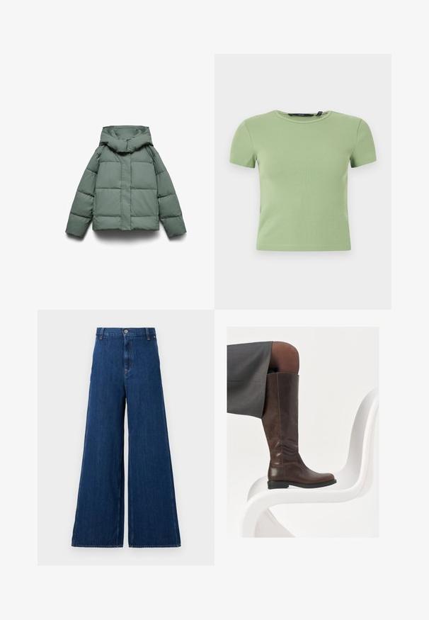 Grüne Steppjacke mit weiter Kapuze, kastiger Form, gesteppter Textur und durchgehendem Frontreißverschluss. Keine sichtbaren Metallteile oder Muster.; Hellgrünes, geripptes Crop-Top mit kurzen Ärmeln, rundem Ausschnitt und enger Passform vor weißem Hintergrund.; Replay PANTS - Jeans Straight Leg - dark blue; Braune Lederstiefel bis zum Knie mit abgerundeter Spitze, glatter Oberfläche und minimalen Nähten, vor einem hellen Hintergrund auf einem weißen Stuhl.