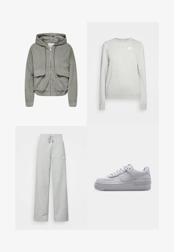 Lys grøn cordjakke med hætte, elastiske håndled, to forlommer og lynlås foran. Har en ribbet tekstur og en afslappet pasform.; Grå sweatshirt lavet af bomuldsblanding, med rund hals, ribbede manchetter og et lille hvidt Nike-logo på venstre bryst. Simpelt design.; Grå sweatpants med elastisk talje, snor detaljer og et lille hvidt Nike-logo på venstre lår. Blødt stof, løs pasform.; Grå Nike Air Force 1 sneakers med perforeret tå, glat læderoverdel, tyk sål og præget 'AIR' detalje på hælen.