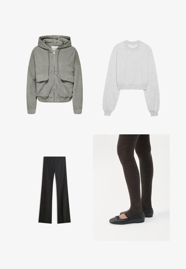 Lys grøn cordjakke med hætte, elastiske håndled, to forlommer og lynlås foran. Har en ribbet tekstur og en afslappet pasform.; Afskåret sweatshirt i lys grå stof, med lange ærmer, rund halsudskæring, ribbede ærmer og en subtil tekstur.; Sorte, flarede bukser med en glat tekstur, der har en skræddersyet pasform og en talje. Ingen synlige mønstre eller udsmykninger.; Ben iført mørke ribbede leggings kombineret med sorte balletsko med små sløjfedetaljer på hvid baggrund.