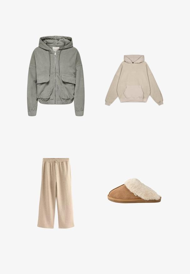 Lys grøn cordjakke med hætte, elastiske håndled, to forlommer og lynlås foran. Har en ribbet tekstur og en afslappet pasform.; Beige hætte sweatshirt med en afslappet pasform, kængurulomme, manchetter og en glat tekstur. Har diskrete logo-detaljer på forsiden.; Cremefarvede breddebenede bukser lavet af blødt bomuldsblandingsstof. Har en elastisk talje med snor og en subtil plettet tekstur.; Brun slip-on tøffel med blød beige imiteret pelsforing og sål, vist fra siden på hvid baggrund.