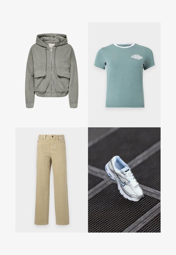 Lichtgroene corduroyjas met een capuchon, elastische manchetten, twee voorkruiken en een voorknopsluiting. Heeft een geribde textuur en een relaxte pasvorm.; Korte mouw teal T-shirt met een witte rand aan de ronde hals en een klein wit Dickies-logo op de linkerborst.; Beige wijde jeans van zachte katoen met een klassieke vijfzakkenontwerp, knoopsluiting en zichtbare stiksels langs de naden en zoom.; Witte mesh sport schoen met zilveren accenten, lichtblauwe stiksels en een zwart swoosh-logo. Heeft een gevoerde kraag en een gestructureerde zool.
