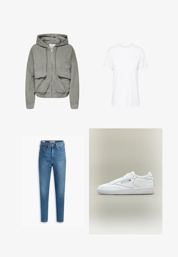 Lichtgroene corduroyjas met een capuchon, elastische manchetten, twee voorkruiken en een voorknopsluiting. Heeft een geribde textuur en een relaxte pasvorm.; Witte katoenen T-shirt met korte mouwen, een ronde hals en een relaxte pasvorm, met een gladde textuur en zonder zichtbare patronen.; Hoge taille blauwe jeans van denim, met een klassiek vijf-pocket ontwerp, gestikt detail en een slim fit met taps toelopende benen.; Witte lage Reebok sneaker met stikseldetails, perforaties bij de tenen en Reebok-logo met een kleine Union Jack aan de zijkant.