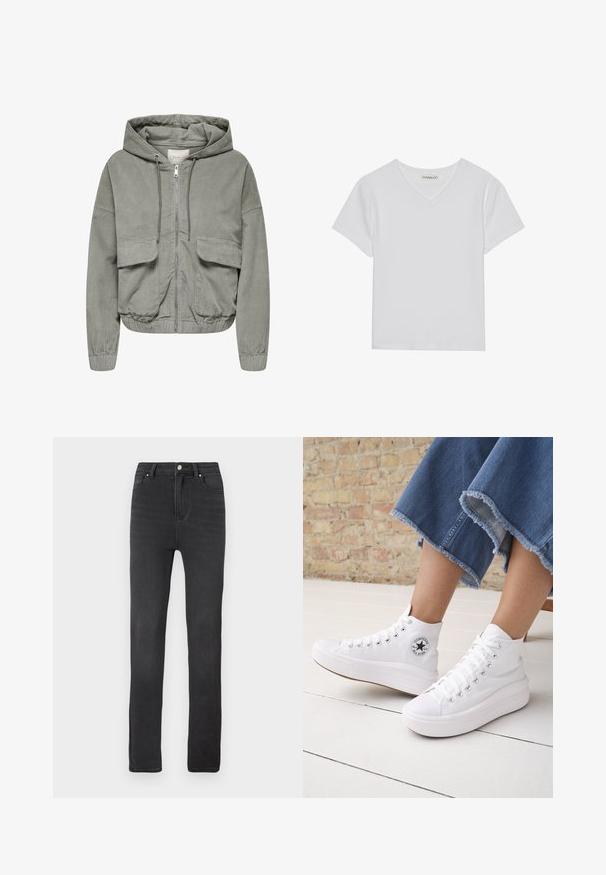 Lys grøn cordjakke med hætte, elastiske håndled, to forlommer og lynlås foran. Har en ribbet tekstur og en afslappet pasform.; Hvid kortærmet V-hals t-shirt lavet af ribbet stof. Har et rent design med en lige kant og minimal detaljer.; Sorte jeans i slim-fit design med høj talje, fem lommer, bæltestropper og lukning med metallisk knap og lynlås. Glat tekstur.; Person iført hvide høje Converse-sneakers med tykke såler og beskårne blå jeans med flossede kanter mod en murstensvæg og hvidt gulv.
