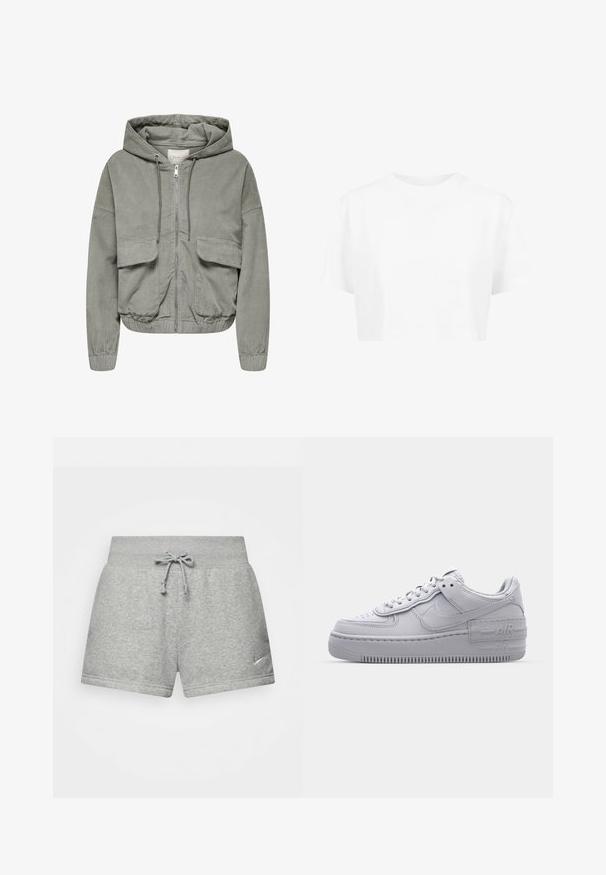 Lys grøn cordjakke med hætte, elastiske håndled, to forlommer og lynlås foran. Har en ribbet tekstur og en afslappet pasform.; Hvid cropped t-shirt, korte ærmer, rund halsudskæring, lavet af blødt stof, uden synlige mønstre eller distinkt hardware.; Grå atletiske shorts lavet af blødt stof, med en elastisk talje med snor, og et lille Nike-logo på den nederste venstre side.; Grå Nike Air Force 1 sneakers med perforeret tå, glat læderoverdel, tyk sål og præget 'AIR' detalje på hælen.