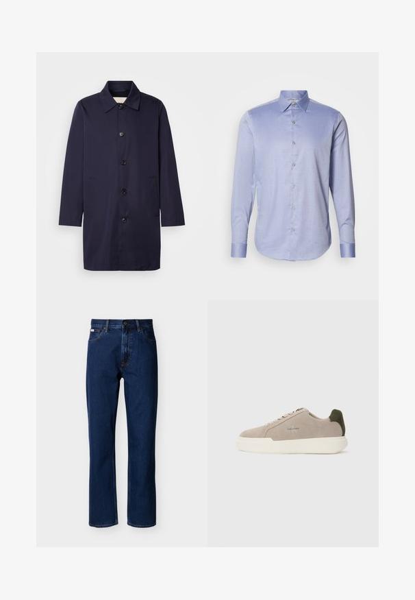 Marineblauwe jas van een soepele stof met een kraag, knopen aan de voorkant en zijzakken. Heeft een rechte snit en lange mouwen.; Lichtblauwe longsleeve shirt met een kraag, knoopsluiting aan de voorkant en manchetten. Subtiel ruitpatroon en gladde stofstructuur.; Donkerblauwe jeans met rechte pijpen van denim, met een klassiek ontwerp van vijf zakken, subtiele stiksels en een knoopsluiting aan de voorkant.; Beige suède sneakers met een witte rubberen zool, voorzien van een donkergroene hielaccent en subtiele branding aan de zijkant.