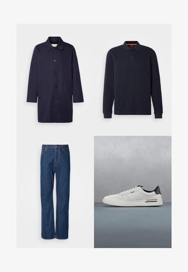 Marineblauer Mantel aus glattem Stoff mit Kragen, Vorderknöpfen und Seitentaschen. Hat einen geraden Schnitt und lange Ärmel.; Marineblaue langärmelige Poloshirt aus strukturiertem Stoff mit einer Knopfleiste am Hals. Verfügt über ein kleines gesticktes Logo auf der Brust.; Blaue Jeans aus Denim mit geradem Bein, ausgestattet mit einem Knopfverschluss, fünf Taschen und kontrastierenden Nähten entlang der Säume.; Weißer Sneaker mit niedrigem Schnitt und schwarzer Ferse, Schnürverschluss, dezenten Perforationen und "BOSS"-Logo an der Seite, gezeigt von der äußeren Seitenansicht.