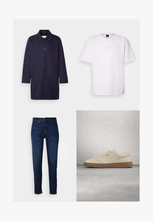 Marineblauer Mantel aus glattem Stoff mit Kragen, Vorderknöpfen und Seitentaschen. Hat einen geraden Schnitt und lange Ärmel.; Weißes Baumwoll-T-Shirt mit kurzen Ärmeln, rundem Ausschnitt und geprägtem "BOSS"-Logo auf der Brust. Glatte Textur, normale Passform.; Dunkelblaue Jeans aus Denim mit geradem Bein, ausgestattet mit Taschen und einem Knopfverschluss an der Taille. Weiche Textur, minimale Ausbleichungen.; Hellbeiger Wildledersneaker mit Gummisohle, auffälligen Schnürsenkeln und dezenten Nahtdetails. Sauberes Design mit minimalistischem Ästhetik.