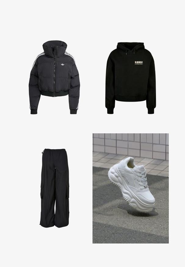 Zwarte pufferjack met hoge kraag, voorrits, twee ritszakken en witte zijstrepen. Heeft ribgebreide manchetten en zoom.; Zwarte cropped hoodie gemaakt van zacht katoen. Beschikbaar met een trekkoord in de capuchon en ribgebreide boorden. Het ontwerp aan de voorkant bevat de tekst: "HAWAI E KOMO MAI."; Zwarte cargobroek met wijde pijpen, elastische tailleband, zijflapzakken en verstelbare trekkoorden in taille en zoom.; Witte leren sneaker met een zware zool, textuurdetails en vetersluiting. Beschikt over gevormde accenten en een gladde afwerking.