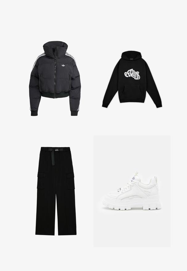 Chaqueta acolchada negra con cuello alto, cremallera frontal, dos bolsillos con cremallera y franjas laterales blancas. Presenta puños y dobladillo acanalados.; Pegador PALUMA OVERSIZED HOODIE - Sudadera - black; Pantalones cargo negros con un diseño de pierna ancha, cinturilla elástica con un cinturón y dos grandes bolsillos laterales para almacenamiento.; Zapatillas deportivas blancas y gruesas con un revestimiento texturizado, cuello acolchado y suela gruesa y estriada. Presentan cordones negros en contraste y un detalle de marca.