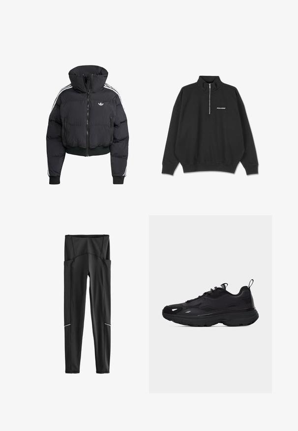 Schwarze Daunenjacke mit hohem Kragen, Frontreißverschluss, zwei Reißverschlusstaschen und weißen Seitenstreifen. Verfügt über gerippte Bündchen und Saum.; Schwarzer Viertelreißverschluss-Sweatshirt aus weichem Stoff. Mit hohem Kragen, gerippten Bündchen und Saum sowie weißem "PEGAADOR"-Logo.; Schwarze High-Waist-Sportleggings mit Seitentaschen und reflektierenden Streifen nahe den Waden, flach auf weißem Hintergrund ausgelegt.; Schwarzer Sportschuh mit dicker Sohle, strukturiertem Obermaterial, Seitenpaneelen, Schnürsenkeln sowie Zuglaschen an Zunge und Ferse.