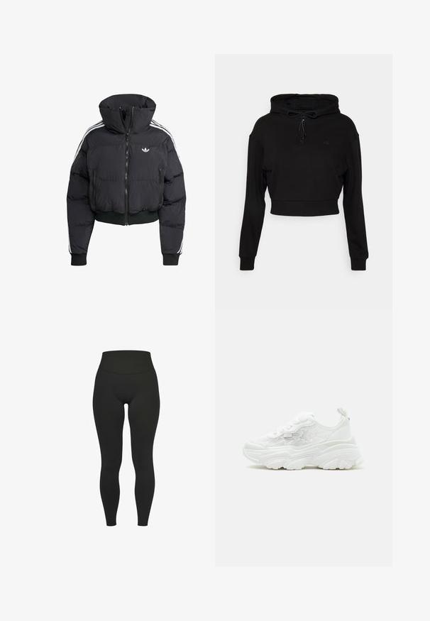 Schwarze Daunenjacke mit hohem Kragen, Frontreißverschluss, zwei Reißverschlusstaschen und weißen Seitenstreifen. Verfügt über gerippte Bündchen und Saum.; Even&Odd active by Zalando Kapuzenpullover - black; Schwarze, hoch taillierte Leggings in voller Länge mit breitem elastischem Bund, dargestellt vor weißem Hintergrund.; Weißer klobiger Sneaker mit Schnürung vorne, floralen Mesh-Seitenteilen und dicker, geformter Sohle, von links auf einfarbigem Hintergrund gezeigt.