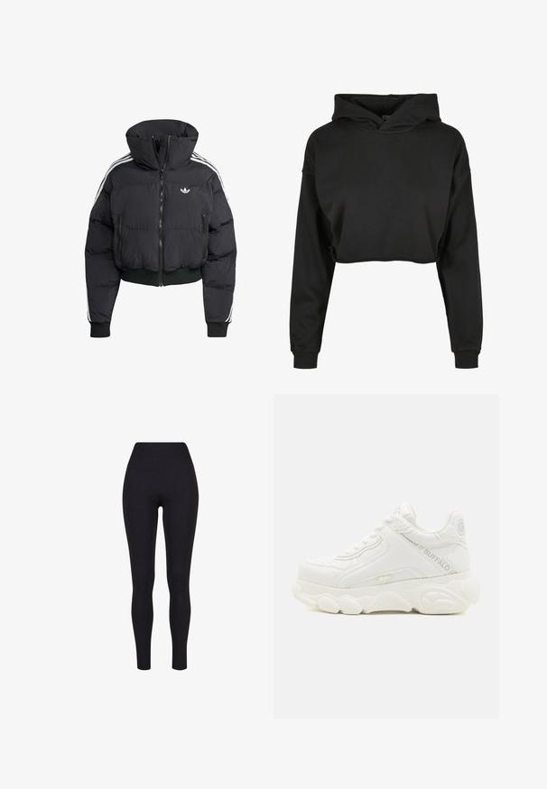 Sort dunjakke med høj krave, frontlynlås, to lynlåslommer og hvide sidelister. Har ribbede manchetter og kant.; Sort cropped hoodie lavet af blødt stof med snoretræk i hætten, lange ærmer og ribbede manchetter, med et rent, enkelt design.; Sorte højtaljerede leggings, lavet af strækbart stof, med en glat tekstur og en tætsiddende design uden synlige sømme eller mønstre.; Hvid chunky sneaker med tyk sål, snørelukning og "Buffalo" branding på siden og hælen.