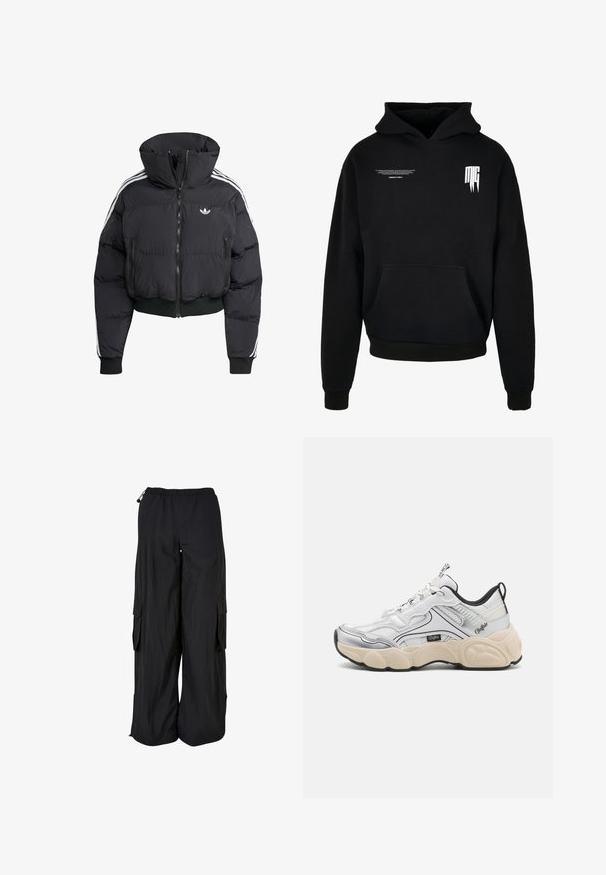 Schwarze Daunenjacke mit hohem Kragen, Frontreißverschluss, zwei Reißverschlusstaschen und weißen Seitenstreifen. Verfügt über gerippte Bündchen und Saum.; Schwarzer Kapuzenpullover mit Fronttasche, kleinem weißen Text auf der oberen linken Brust und stilisiertem "MG"-Logo auf der oberen rechten Brust.; Schwarze Cargo-Hose mit weitem Bein, elastischem Bund, seitlichen Klappentaschen und verstellbaren Kordeln an Bund und Saum.; Weißer Sportschuh mit Mesh- und Synthetikpaneelen, silbernen Akzenten, klobiger cremiger Sohle und kontrastierenden schwarzen Details. Verfügt über ein Schnürsystem.
