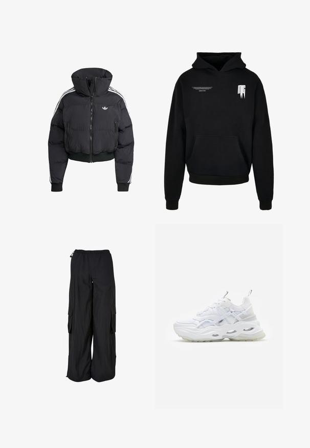 Schwarze Daunenjacke mit hohem Kragen, Frontreißverschluss, zwei Reißverschlusstaschen und weißen Seitenstreifen. Verfügt über gerippte Bündchen und Saum.; Schwarzer Kapuzenpullover mit Fronttasche, kleinem weißen Text auf der oberen linken Brust und stilisiertem "MG"-Logo auf der oberen rechten Brust.; Schwarze Cargo-Hose mit weitem Bein, elastischem Bund, seitlichen Klappentaschen und verstellbaren Kordeln an Bund und Saum.; Weißer Sneaker mit dickem Profil, geschichtetem Mesh- und Synthetik-Obermaterial, mit gemusterten Akzenten, Schnürsystem und Zuglasche.