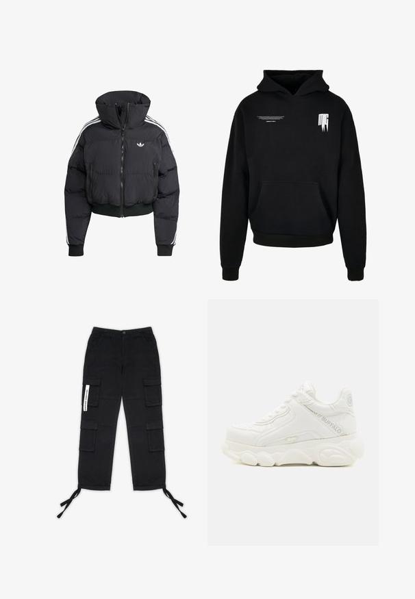 Schwarze Daunenjacke mit hohem Kragen, Frontreißverschluss, zwei Reißverschlusstaschen und weißen Seitenstreifen. Verfügt über gerippte Bündchen und Saum.; Schwarzer Kapuzenpullover mit Fronttasche, kleinem weißen Text auf der oberen linken Brust und stilisiertem "MG"-Logo auf der oberen rechten Brust.; Pegador TANAMI WIDE PANTS - Cargohose - black; Weißer klobiger Sneaker mit dicker Sohle, Schnürdesign und "Buffalo" Branding an der Seite und Ferse.