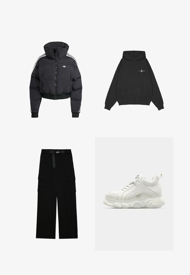 Schwarze Daunenjacke mit hohem Kragen, Frontreißverschluss, zwei Reißverschlusstaschen und weißen Seitenstreifen. Verfügt über gerippte Bündchen und Saum.; Pegador Kapuzenpullover - washed black; Schwarze Cargohosen mit weitem Bein, elastischem Bund und einem Gürtel sowie zwei großen Seitentaschen für zusätzlichen Stauraum.; Weiße Sportsneaker mit einem glatten Lederobermaterial, abgerundeter Sohle und strukturiertem Akzent. Ausgestattet mit Schnürsenkeln und einem Zugband auf der Rückseite.