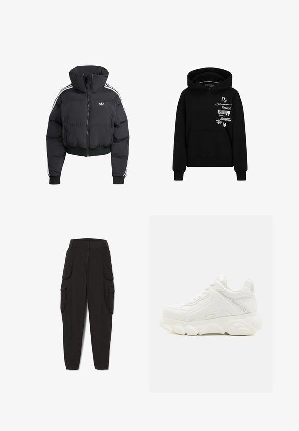 Zwarte pufferjack met hoge kraag, voorrits, twee ritszakken en witte zijstrepen. Heeft ribgebreide manchetten en zoom.; Zwarte hoodie met een voorzak, een trekkoordkap en meerdere witte logo-afdrukken op de borst en mouw. Zacht katoenen materiaal.; Zwarte cargobroek met elastische boorden en meerdere klepzakken aan de zijkanten, ontworpen voor casual of functioneel gebruik.; Witte chunky sneaker met dikke zool, vetersluiting en "Buffalo"-branding op de zijkant en hiel.