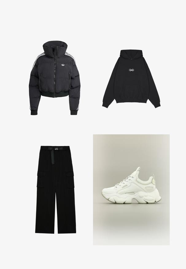 Zwarte pufferjack met hoge kraag, voorrits, twee ritszakken en witte zijstrepen. Heeft ribgebreide manchetten en zoom.; Pegador BELLY OVERSIZED HOODIE - Hoodie - washed black; Zwarte cargobroek met een wijd gesneden ontwerp, elastische tailleband met een riem, en twee grote zijzakken voor opslag.; Witte chunky sneaker met dikke, gestructureerde zool, bovenwerk van mesh en leer, vetersluiting en treklusjes op tong en hiel.