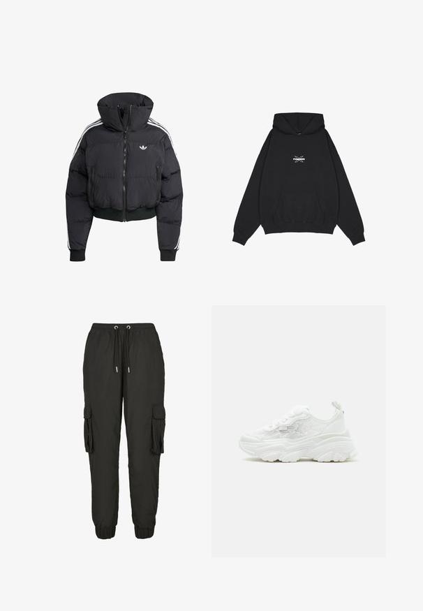 Zwarte pufferjack met hoge kraag, voorrits, twee ritszakken en witte zijstrepen. Heeft ribgebreide manchetten en zoom.; Pegador BELLY OVERSIZED HOODIE - Hoodie - washed black; Zwarte cargobroek van lichtgewicht materiaal, met een elastische tailleband, verstelbaar trekkoord, zijzakken en geribbelde manchetten.; Witte chunky sneaker met veterluiting aan de voorkant, zijpanelen van mesh met bloemenprint, en dikke gevormde zool, weergegeven vanaf de linkerkant tegen een effen achtergrond.