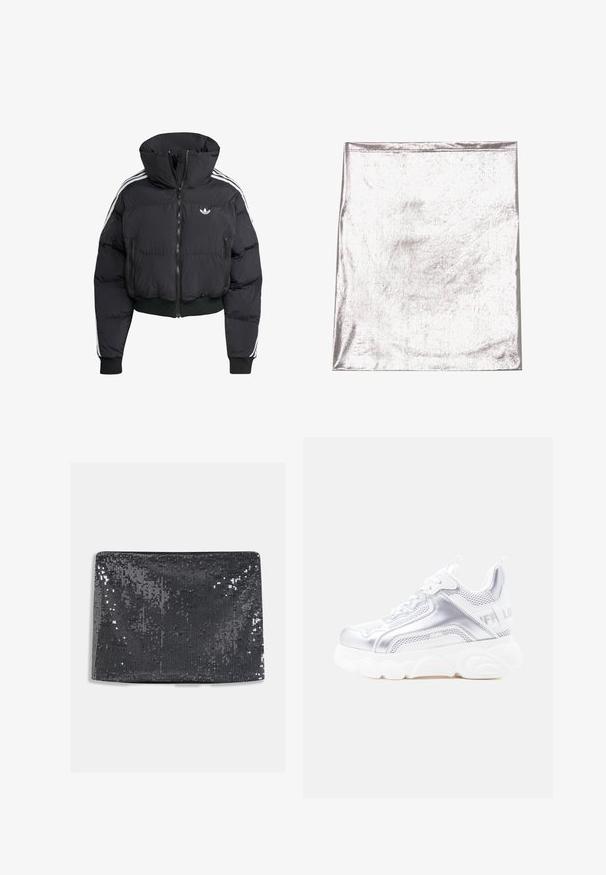 Schwarze Daunenjacke mit hohem Kragen, Frontreißverschluss, zwei Reißverschlusstaschen und weißen Seitenstreifen. Verfügt über gerippte Bündchen und Saum.; Metallisch silberner Stoff mit glatter Textur und leichtem Schimmer. Rechteckige Form, Kanten ordentlich genäht, keine auffälligen Muster oder Akzente.; Schwarze Clutch-Tasche mit rechteckiger Form, ausgestattet mit einer glatten Textur und reflektierenden Pailletten, die die Oberfläche für zusätzlichen Glanz bedecken.; Weißer und silberner klobiger Sneaker mit dicker, strukturierter Sohle, Mesh- und synthetischen Einsätzen, abgerundetem Zehenbereich und Zuglasche an der Ferse.