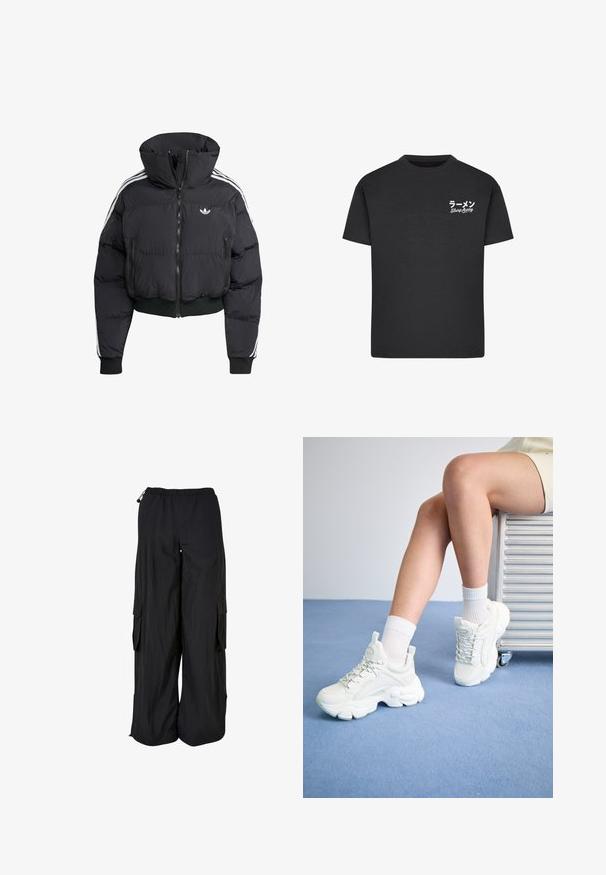 Schwarze Daunenjacke mit hohem Kragen, Frontreißverschluss, zwei Reißverschlusstaschen und weißen Seitenstreifen. Verfügt über gerippte Bündchen und Saum.; Schwarzes Baumwoll-T-Shirt mit Rundhalsausschnitt. Mit weißem Text, einschließlich japanischer Schriftzeichen und "Slurp Away", auf der linken Brustseite.; Schwarze Cargo-Hose mit weitem Bein, elastischem Bund, seitlichen Klappentaschen und verstellbaren Kordeln an Bund und Saum.; Weiße Schnürsneaker mit einer dicken Sohle, aus glattem Synthetikmaterial, mit strukturierten Akzenten und einer Schlaufe an der Ferse.