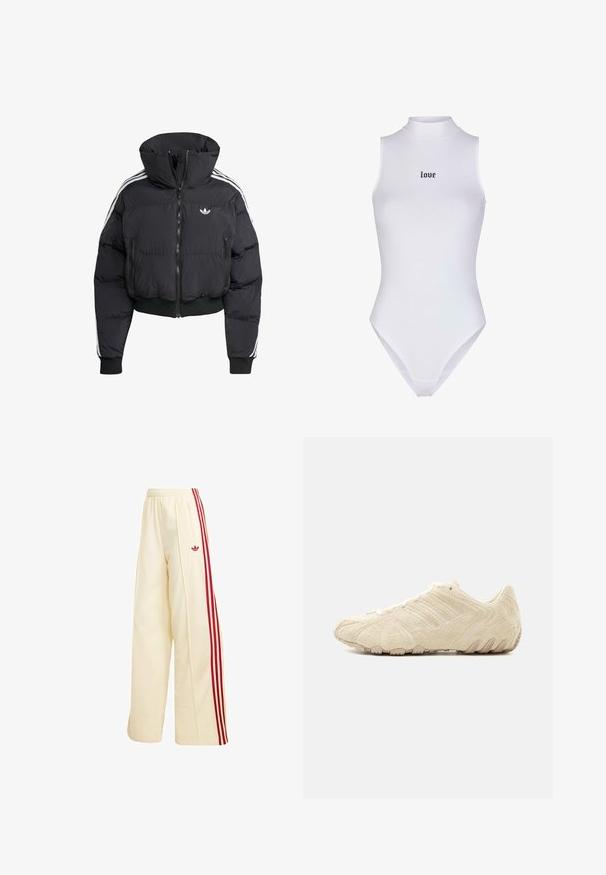 Zwarte pufferjack met hoge kraag, voorrits, twee ritszakken en witte zijstrepen. Heeft ribgebreide manchetten en zoom.; Witte mouwloze bodysuit met een hoge hals en zwarte "love" tekst in het midden. Gladde, rekbare stof met een aansluitend ontwerp en lage beenopeningen.; Crèmekleurige wijde trainingsbroek met rode zijstrepen, elastische tailleband, ritssluitingzak en rood Adidas-logo op de dij.; Lage beige suède sneaker met een gestructureerde bovenkant, gestikte details en een robuuste zool, getoond vanaf de buitenkant op een witte achtergrond.