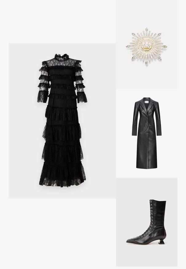 Manteau long en cuir noir au design à boutonnage simple, avec revers crantés, manches longues et texture lisse. Il dispose de deux boutons et d'une coupe droite.; Robe en dentelle noire avec des volants superposés. Encolure haute et manches longues transparents. Tissu texturé avec des détails délicats et un design en étages.; Bottine noire en cuir avec un bout pointu, laçage à l'avant, œillets en métal, petit talon block et un design épuré. Texture lisse, silhouette moderne.; Broche en argent avec un design en rayons de soleil, mettant en vedette des strass clairs et un centre circulaire accentué d'or avec un emblème.