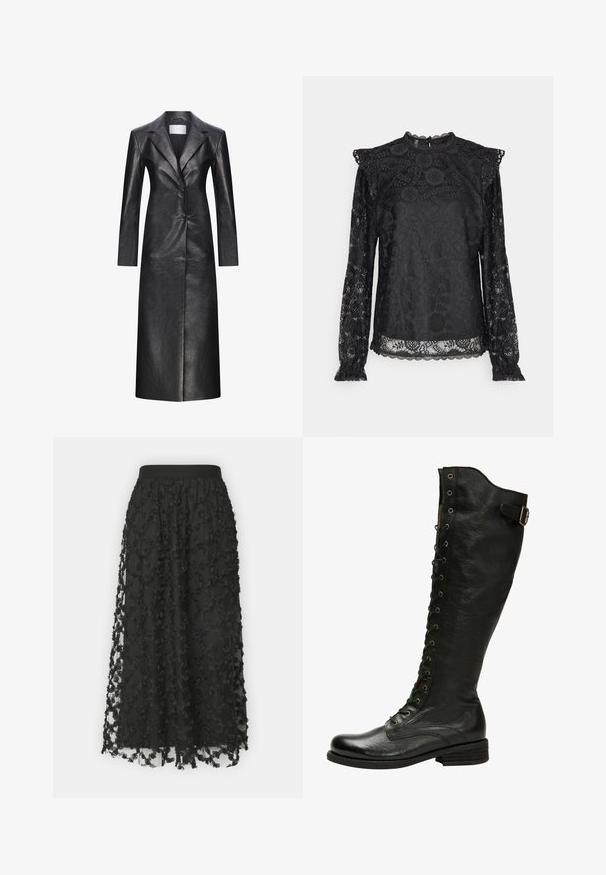 Sort læderlang frakke med en enkeltryk design, spids krave, lange ærmer og en glat tekstur. Har to knapper og en lige pasform.; PIECES Tall PCOLLINE - Bluse - black; Sort midi nederdel med en gennemsigtig overlay og teksturerede blomsterapplikationer, en glat talje og en flydende silhuet.; Sorte læder knæhøje støvler med snørebånd foran, sølvøjer og sidebælte. Har en tekstureret overflade og stablet hæl.