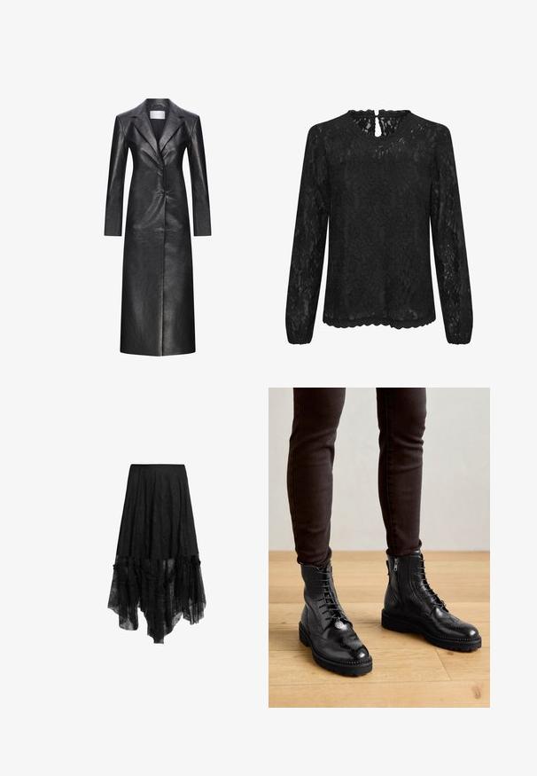 Manteau long en cuir noir au design à boutonnage simple, avec revers crantés, manches longues et texture lisse. Il dispose de deux boutons et d'une coupe droite.; Blouse en dentelle noire à manches longues avec un col rond, un ourlet festonné et un dos avec un détail en clé. Motif floral délicat sur l'ensemble.; Jupe noire asymétrique avec superposition de dentelle transparente et ourlet à volants, équipée d'une ceinture ajustée et de détails texturés sur le tissu.; Bottines en cuir noir avec des détails de brogue, un laçage à l'avant, des fermetures éclair sur les côtés et des semelles en caoutchouc texturé. Associées à un pantalon slim noir.