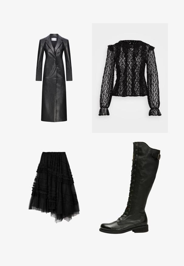 Manteau long en cuir noir au design à boutonnage simple, avec revers crantés, manches longues et texture lisse. Il dispose de deux boutons et d'une coupe droite.; Haut en dentelle noire à manches longues avec une coupe ajustée, des détails volantés aux épaules et aux poignets, et un motif floral texturé tout au long.; Jupe noire asymétrique à plusieurs couches avec des détails en dentelle et volants, composée de panneaux de tissu transparent et opaque.; Botte en cuir noir hauteur genou avec un laçage à l'avant, œillets en métal argenté et boucle sur le côté. Présente une finition texturée et un talon empilé.