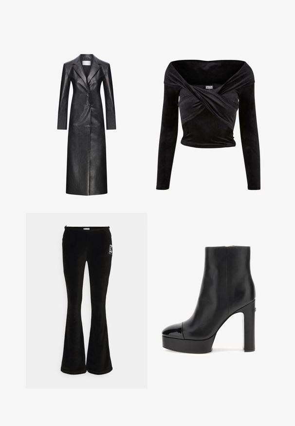 Sort læderlang frakke med en enkeltryk design, spids krave, lange ærmer og en glat tekstur. Har to knapper og en lige pasform.; Sort ribbet langærmet top med off-the-shoulder design, der har en snoet front og en tætsiddende silhuet.; Sorte bukser med udvidelse lavet af blødt stof, der har en elastisk talje og et lille logo detaljeret på hoften. Glat tekstur hele vejen igennem.; Sort læder ankelstøvle med en patentlæder snude, chunky platform og høj blokhæl; glat texture og minimal detaljer.