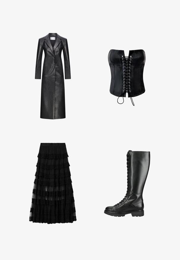 Manteau long en cuir noir au design à boutonnage simple, avec revers crantés, manches longues et texture lisse. Il dispose de deux boutons et d'une coupe droite.; Corset en satin noir avec une forme structurée, devant lacé avec des œillets argentés et une finition lisse. Dispose d'un décolleté droit sans bretelles.; Jupe midi en dentelle noire à volants avec une taille élastique embossée du nom de la marque, avec des panneaux de tissu superposés transparents et opaques.; Botte haute en cuir noir à lacets avec semelle épaisse et bout rond, conçue à la fois pour le style et la durabilité.