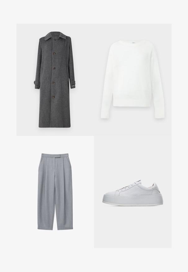 Manteau en laine gris avec un devant à boutons, un col évasé et deux poches latérales. Présente des manches longues et des poignets légèrement retroussés.; Pull blanc à manches longues avec col rond, poignets et ourlet côtelés, présenté à plat sur un fond neutre.; Pantalon gris avec un design sur mesure, comprenant des plis, des poches latérales et une coupe droite. Texture lisse et taille mi-haute.; Baskets basses blanches avec semelle plateforme épaisse, lacets et finition en cuir lisse, présentées sur un fond clair uni.