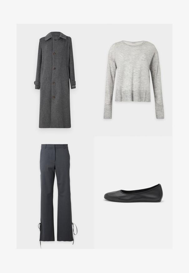 Manteau en laine gris avec un devant à boutons, un col évasé et deux poches latérales. Présente des manches longues et des poignets légèrement retroussés.; Pull gris clair à manches longues avec un col rond et une coupe légèrement ample, présenté sur un fond clair uni.; Pantalon sur mesure gris foncé avec jambes droites et liens aux ourlets, équipé de passants de ceinture et d'une fermeture avant dissimulée.; Ballerines en cuir noir avec un bout rond, texture lisse, détails de couture minimalistes et design de semelle flexible.