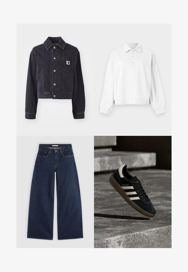 Mørk denimjakke med vertikale striber, cropped design, spidse kraver, frontlukning med knapper og brystlomme med logo-patch.; Lysegrå pullover med lange ærmer, krave og tre knapper på slidserne, ribbede manchetter og en let cropped kant.; Mørkeblå vidde cowboybukser med forlommer, bæltestropper og knaplukning, vist fladt på en lys baggrund.; Sort Adidas-sneaker med hvide striber og gummisåler, svævende over grå betontrapper i naturligt lys.