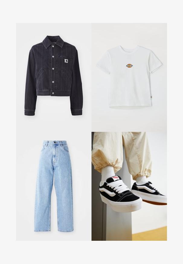 Mørk denimjakke med vertikale striber, cropped design, spidse kraver, frontlukning med knapper og brystlomme med logo-patch.; Hvid bomulds t-shirt med et rundt logo med flerfarvede accenter. Korte ærmer og rund halsudskæring, med et lille mærke ved kanten.; Højhalset lysblå denimjeans med lige vide ben, frontknap, lynlås lukning samt front- og baglommer.; Person iført sorte og hvide Vans sneakers med hvide snørebånd, hvide sokker og beige bukser med elastiske manchetter.