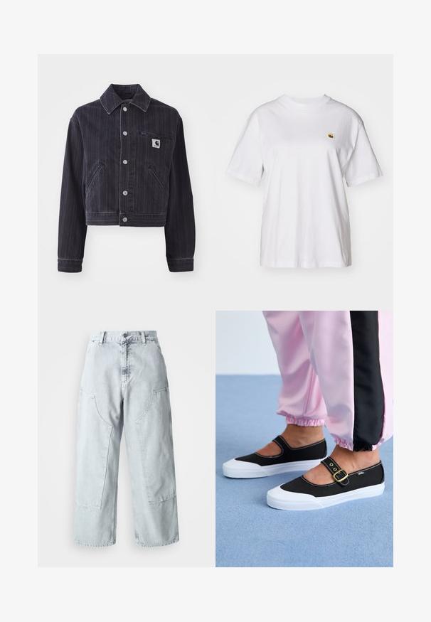 Mørk denimjakke med vertikale striber, cropped design, spidse kraver, frontlukning med knapper og brystlomme med logo-patch.; Hvid bomulds-t-shirt med en afslappet pasform, korte ærmer og et lille broderet logo på venstre brystområde.; Lys blå denim bred benbukser med store sidelommer, høj talje og løst fit. Slidte tekstur med en falmet finish.; Sorte lærredssko med en hvid sål, der har et udskæringsdesign og et guldspænde. Bæret med lyserøde træningsbukser.