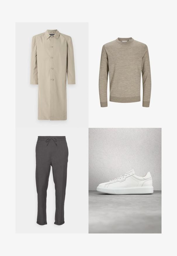 Beige trenchcoat lavet af et glat, let stof. Har en kravehals, knaplukning foran og lange ærmer med lige snit.; Beige langærmet rundhalset sweater med ribstrikkede ærmekanter og kant, vist på hvid baggrund.; Only & Sons ONSLINUS TAP PANT - Bukser - medium grey melange; Hvide lædersneakers med rund tå, flad snørebåndslukning og grå gummisål. Har diskrete syninger og et logoplacering.