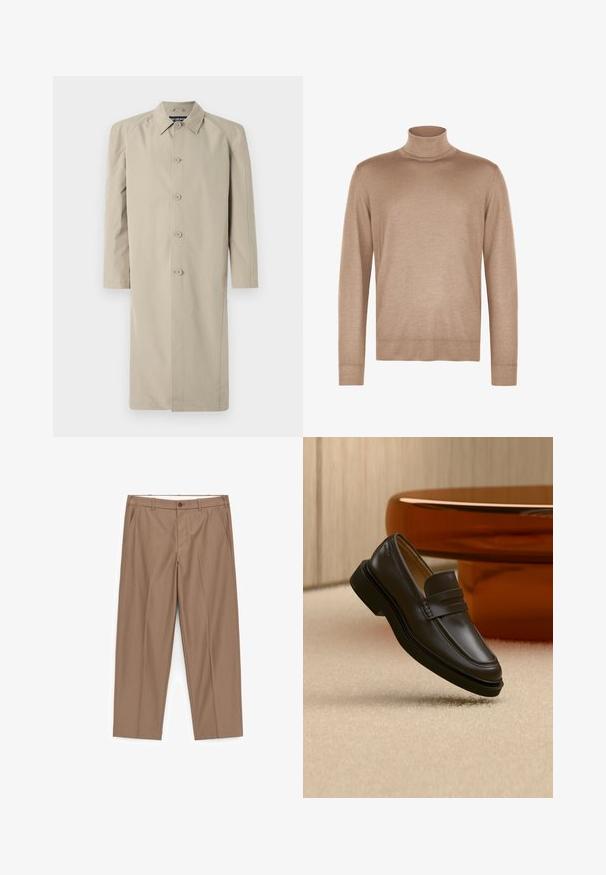 Beige trenchcoat lavet af et glat, let stof. Har en kravehals, knaplukning foran og lange ærmer med lige snit.; Beige langærmet rullekravetrøje lavet af blødt strikket stof med ribbestrikkede manchetter og kant.; Beige herrebukser med lige ben, bæltestropper, forreste knap, lynlås og sidelommer, lagt fladt på en hvid baggrund.; Sort læderloafer, der svæver over et beige tæppe med brunt afrundet møbel i baggrunden.
