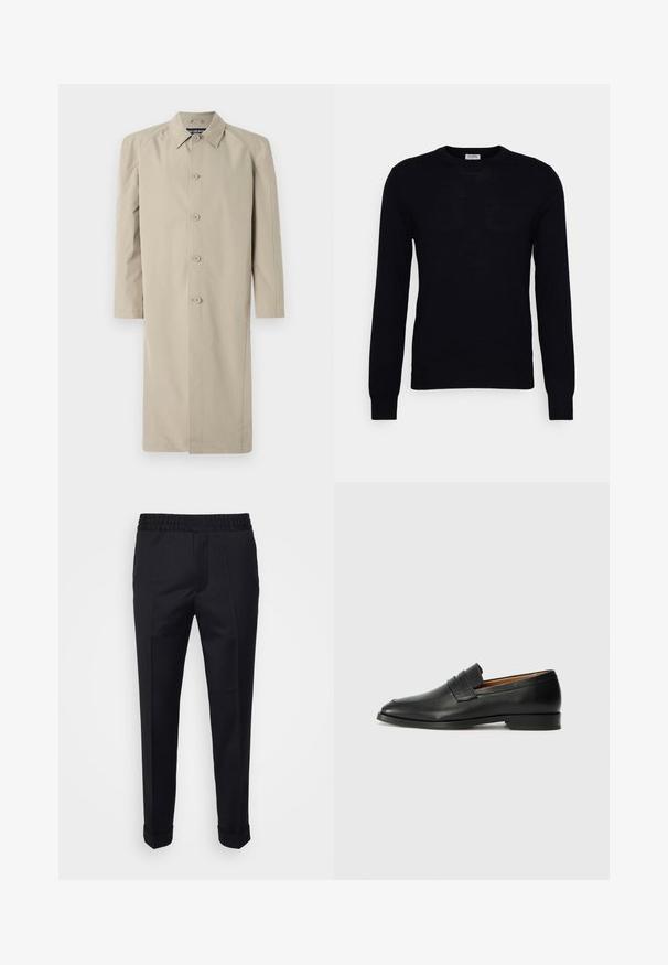 Beige trenchcoat gemaakt van een gladde, lichte stof. Heeft een kraag, een knoopsluiting aan de voorkant en lange mouwen met een rechte snit.; Zwarte lange mouwen trui gemaakt van zacht gebreid materiaal. Ronde halslijn, geribbelde manchetten en zoom. Minimalistisch ontwerp zonder zichtbare patronen of knopen.; Zwarte broek van lichtgewicht stof, met een elastische tailleband, zijzakken en opgerolde mouwen. Soepele textuur met voorplooien.; Zwarte leren instapper met een ronde neus, subtiele stikdetails en een lage hak, met een gladde textuur en een minimalistisch ontwerp.