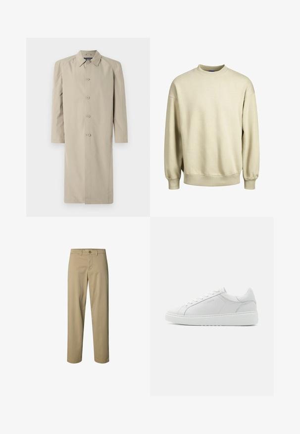 Beige trenchcoat lavet af et glat, let stof. Har en kravehals, knaplukning foran og lange ærmer med lige snit.; Beige sweatshirt med rund hals, lange ærmer og ribbede manchetter. Blødt stof med en afslappet pasform og minimalistisk design.; Beige bukser med lige ben med knap- og lynlåslukning, bæltestropper og uden synlige lommer, vist på en hvid baggrund.; Hvide lædersneakers med en glat tekstur, rund tå, lav profil og diskret branding på siden. Polstret krave og snørebånd.