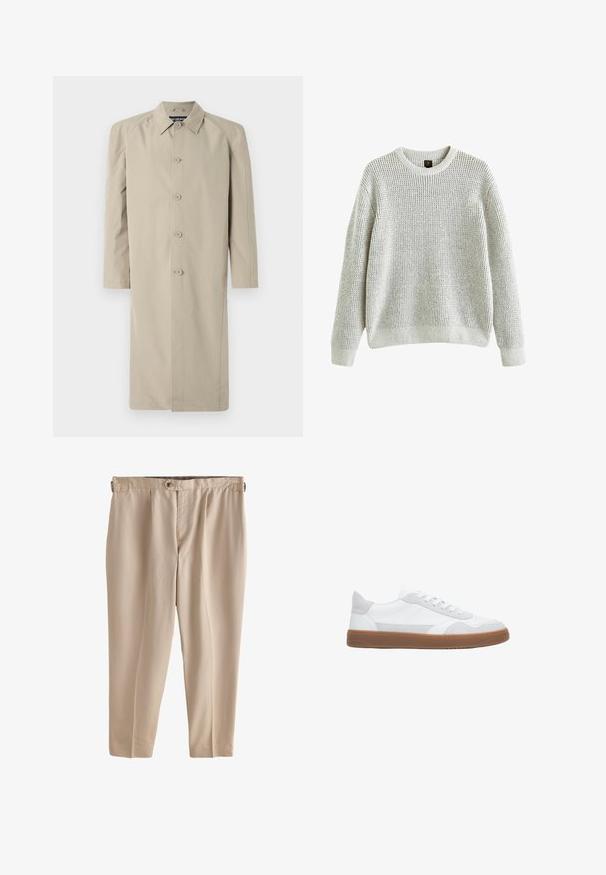 Beige trenchcoat gemaakt van een gladde, lichte stof. Heeft een kraag, een knoopsluiting aan de voorkant en lange mouwen met een rechte snit.; Grijze gebreide sweater met een geribbelde ronde hals, lange mouwen en een losse pasvorm. Gelaagd patroon, zacht materiaal en geribbelde manchetten en zoom.; Beige, lichtgewicht broek met een ontspannen pasvorm, voorzien van plooi en een enkele knoopsluiting in de taille. Soepele textuur, cropped lengte.; Witte leren sneakers met grijze suède accenten, ronde neus, platte veters en een gestructureerde bruine rubberen zool. Minimalistisch ontwerp.