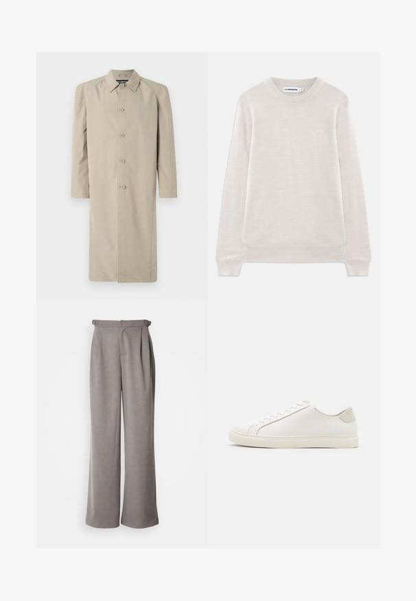 Beige Trenchcoat aus einem glatten, leichten Stoff. Mit Kragen, Knopfverschluss vorne und langen Ärmeln im geraden Schnitt.; Hellbeiger Langarm-Pullover mit Rundhalsausschnitt, gerippten Bündchen und Saum, dezentem Logo auf der linken Brust und J.Lindeberg-Label im Kragen.; Hellgraue, weite Hosen aus gewebtem Stoff. Mit Falten an der Taille und Gürtelschlaufen. Glatte Textur und langes Design.; Weiße Leder Sneakers mit glatter Oberfläche, runder Zehenform und minimalistischem Design. Mit beigen Akzenten an der Ferse und einer Gummisohle.