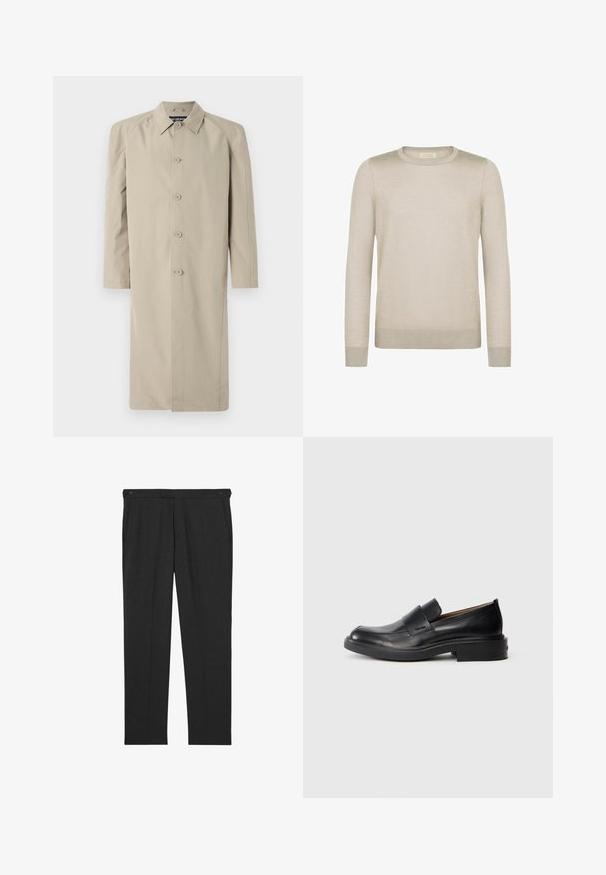 Beige trenchcoat lavet af et glat, let stof. Har en kravehals, knaplukning foran og lange ærmer med lige snit.; Lys beige sweater lavet af blødt materiale. Har en rund halsudskæring, lange ærmer og ribbede manchetter og kant for et tætsiddende look.; Mørkegrå bukser lavet af tekstureret stof med to forlommer og to knapper ved linningen til lukning. Fladt frontdesign.; Sorte læder slip-on dress sko med lav hæl og subtil Calvin Klein logo på siden, vist i profil på en hvid baggrund.