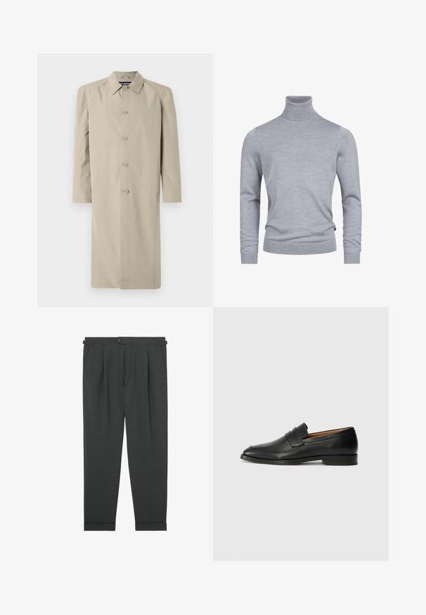 Beige trenchcoat gemaakt van een gladde, lichte stof. Heeft een kraag, een knoopsluiting aan de voorkant en lange mouwen met een rechte snit.; Grijze coltrui gemaakt van een zachte breistof. Beschikt over lange mouwen en een getailleerd ontwerp met geribde manchetten en zoom. Simpele, gladde textuur.; Reiss REGULAR FIT-PROMISE ADJUSTER TAILORED - Broek - charcoal; Zwarte leren instapper met een ronde neus, subtiele stikdetails en een lage hak, met een gladde textuur en een minimalistisch ontwerp.
